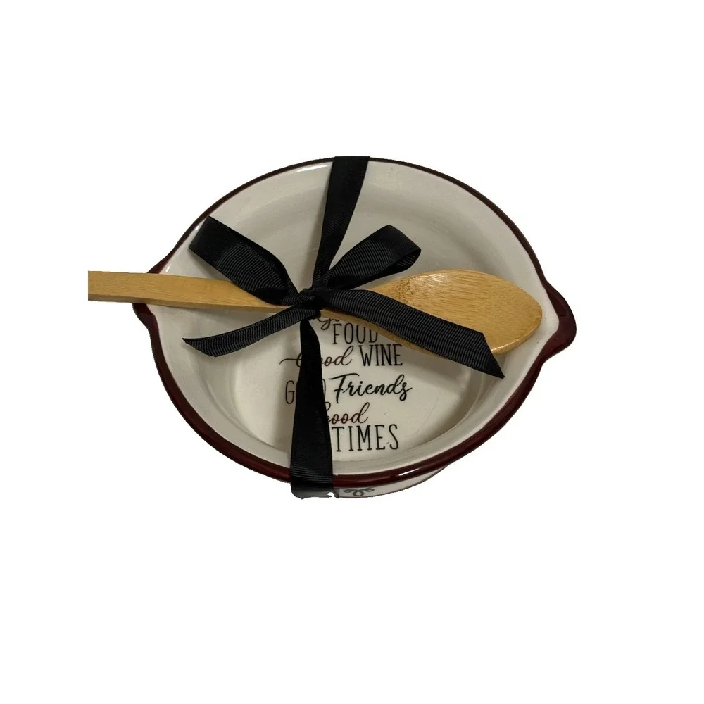 Appetizer Ceramic Bowl‎ Bake Serve Wooden Spoon Good Food/Good Wine/Good Friends